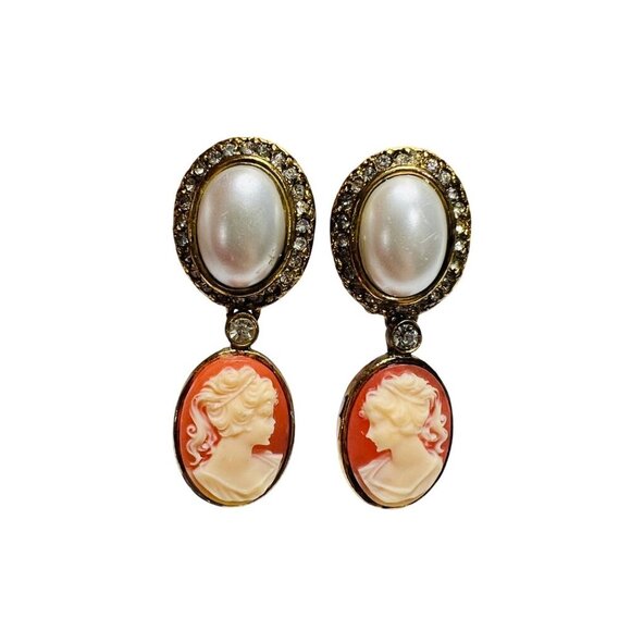 Vintage Clip-On Cameo Earrings With Faux Pearl & Rhinestones - Picture 1 of 6